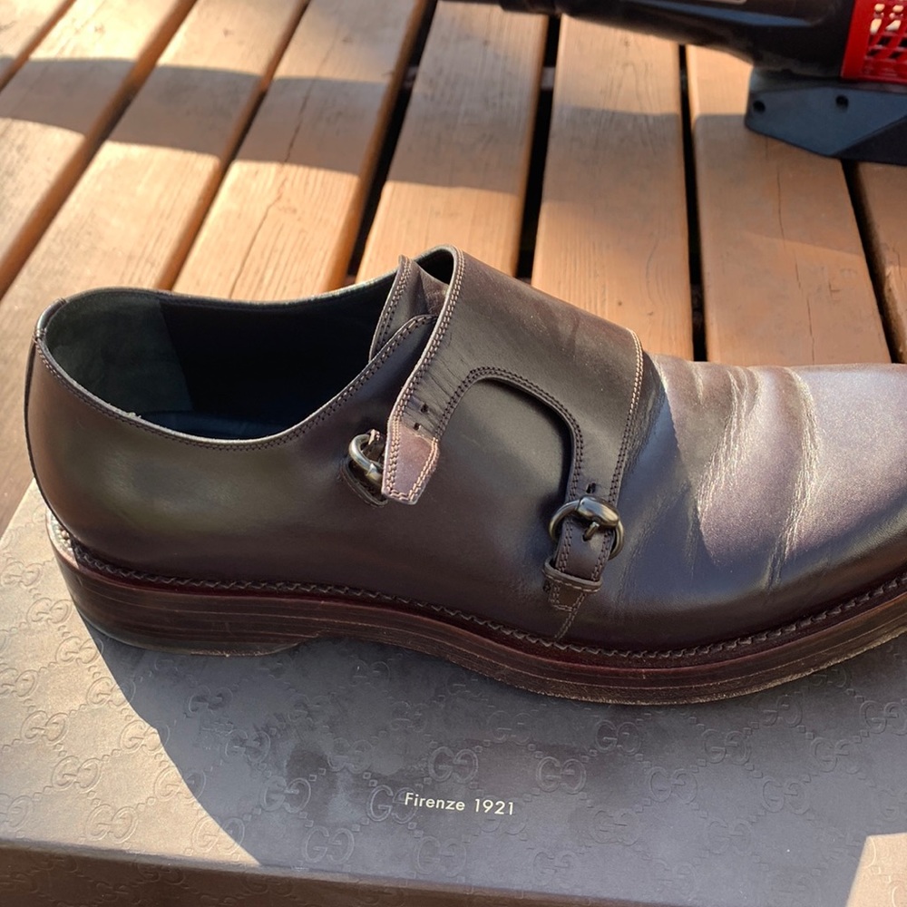 Gucci Brown Leather Double Buckle Monk Strap Oxfords- Size 12